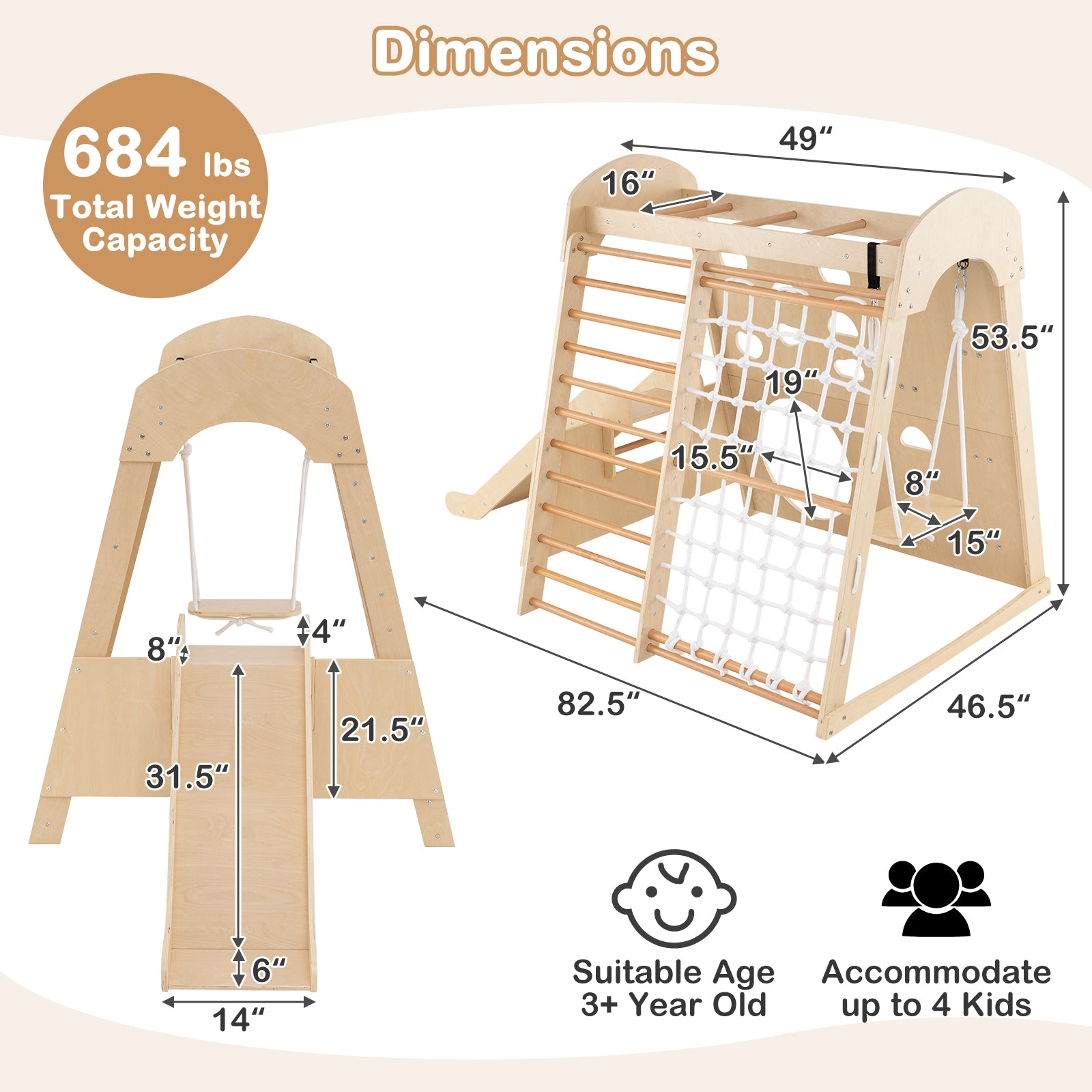 8-In-1 Indoor Jungle Gym, Wooden Playground With Swing And Climbing Wall Climbers & Slides at Gallery Canada