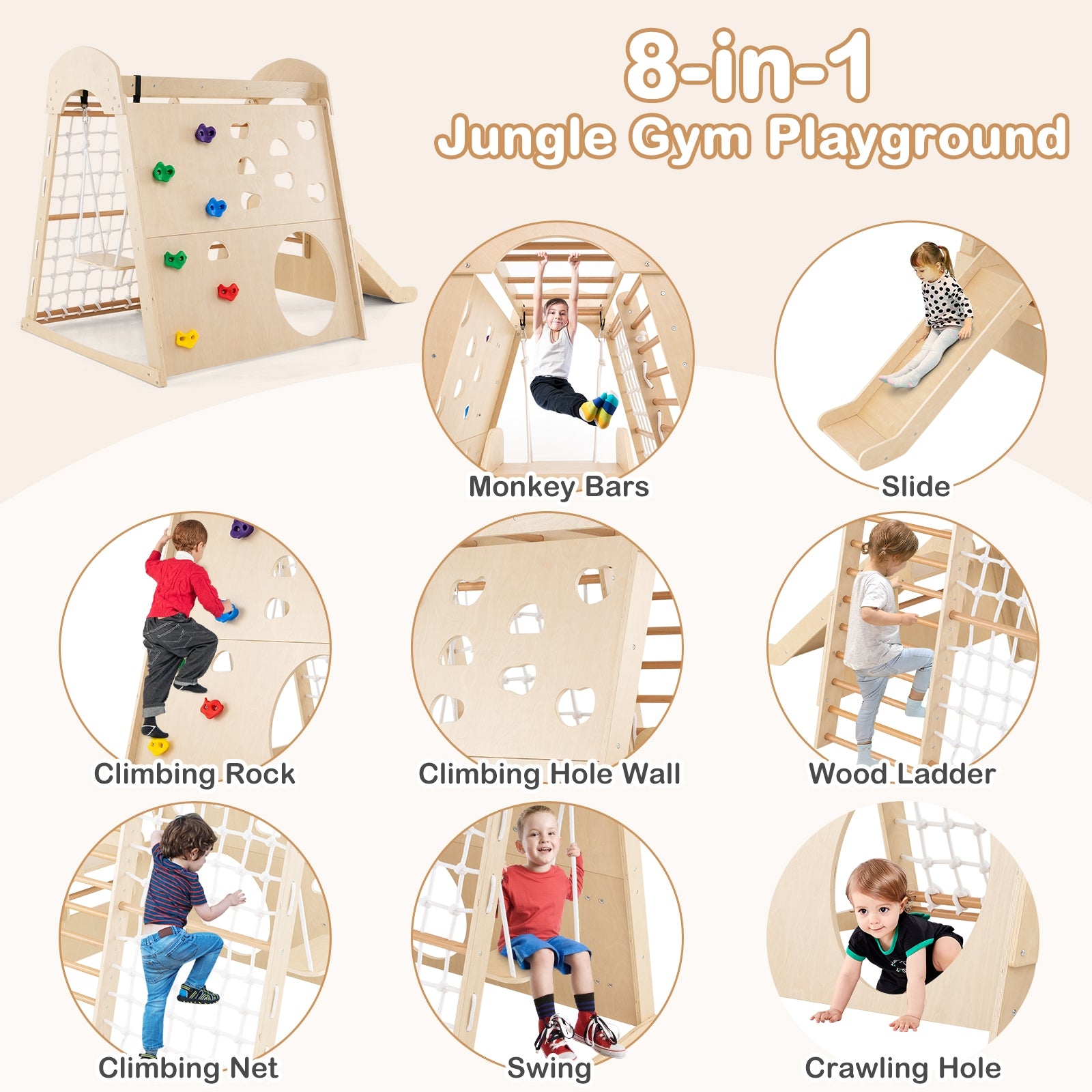 8-In-1 Indoor Jungle Gym, Wooden Playground With Swing And Climbing Wall Climbers & Slides at Gallery Canada