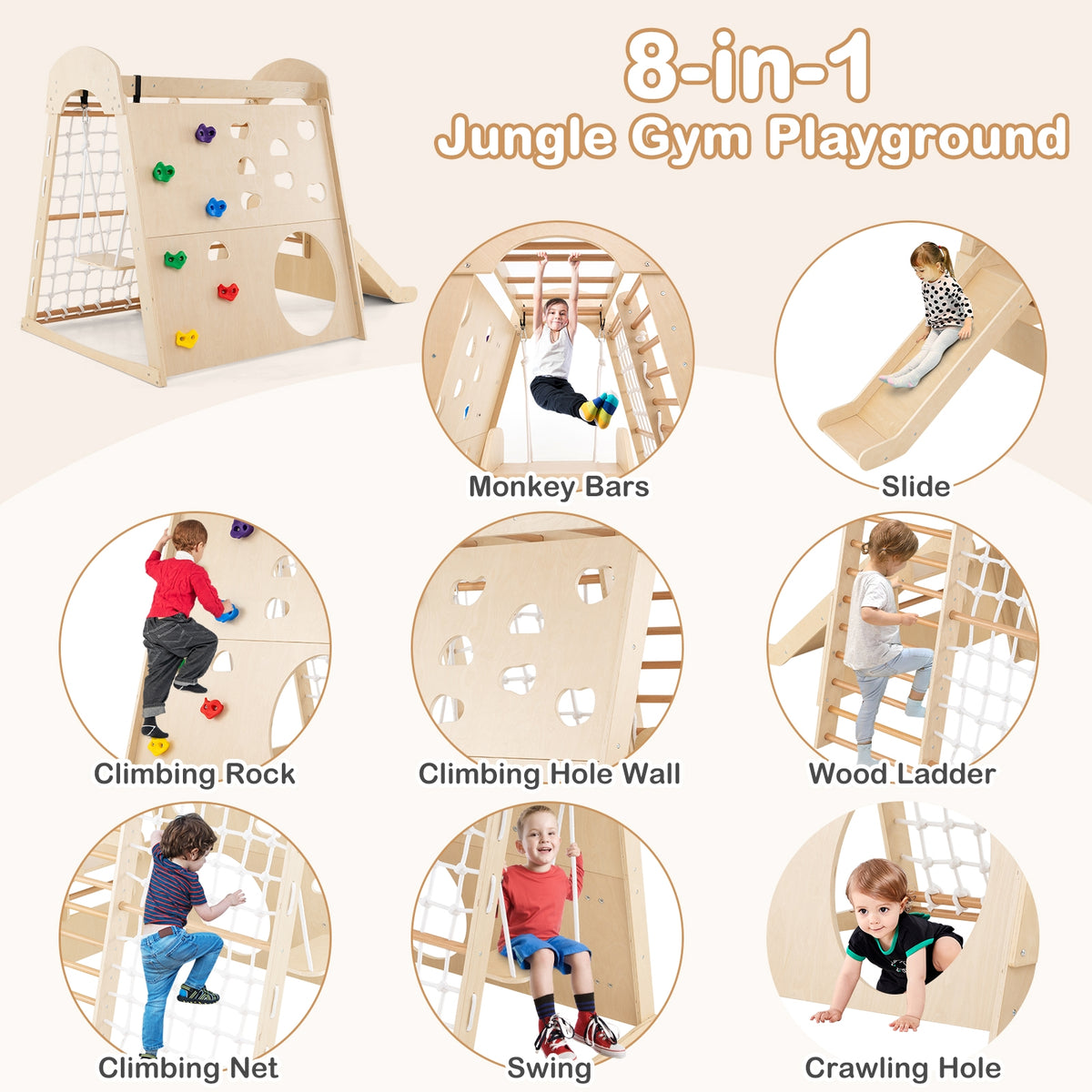 8-In-1 Indoor Jungle Gym, Wooden Playground With Swing And Climbing Wall Climbers & Slides at Gallery Canada