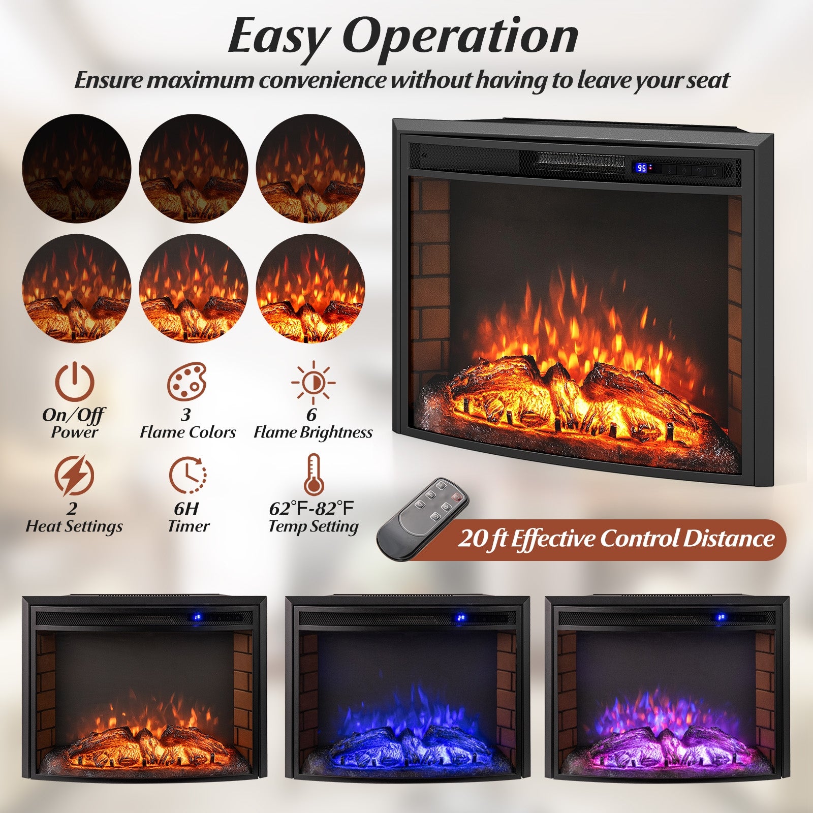 Curved Recessed Electric Fireplace Insert, 26 Inch, Remote Control Fireplaces at Gallery Canada