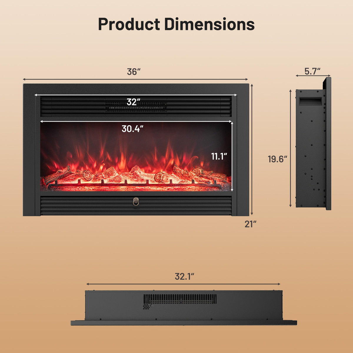 33/36-Inch Electric Fireplace Insert, 750W/1500W Heater, Black Fireplaces at Gallery Canada