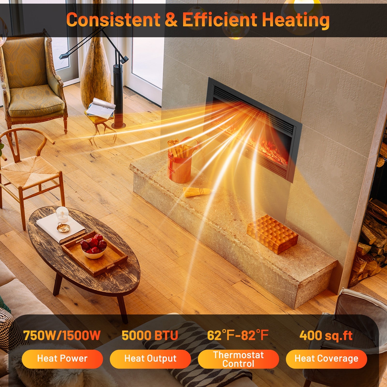 33/36-Inch Electric Fireplace Insert, 750W/1500W Heater, Black Fireplaces at Gallery Canada