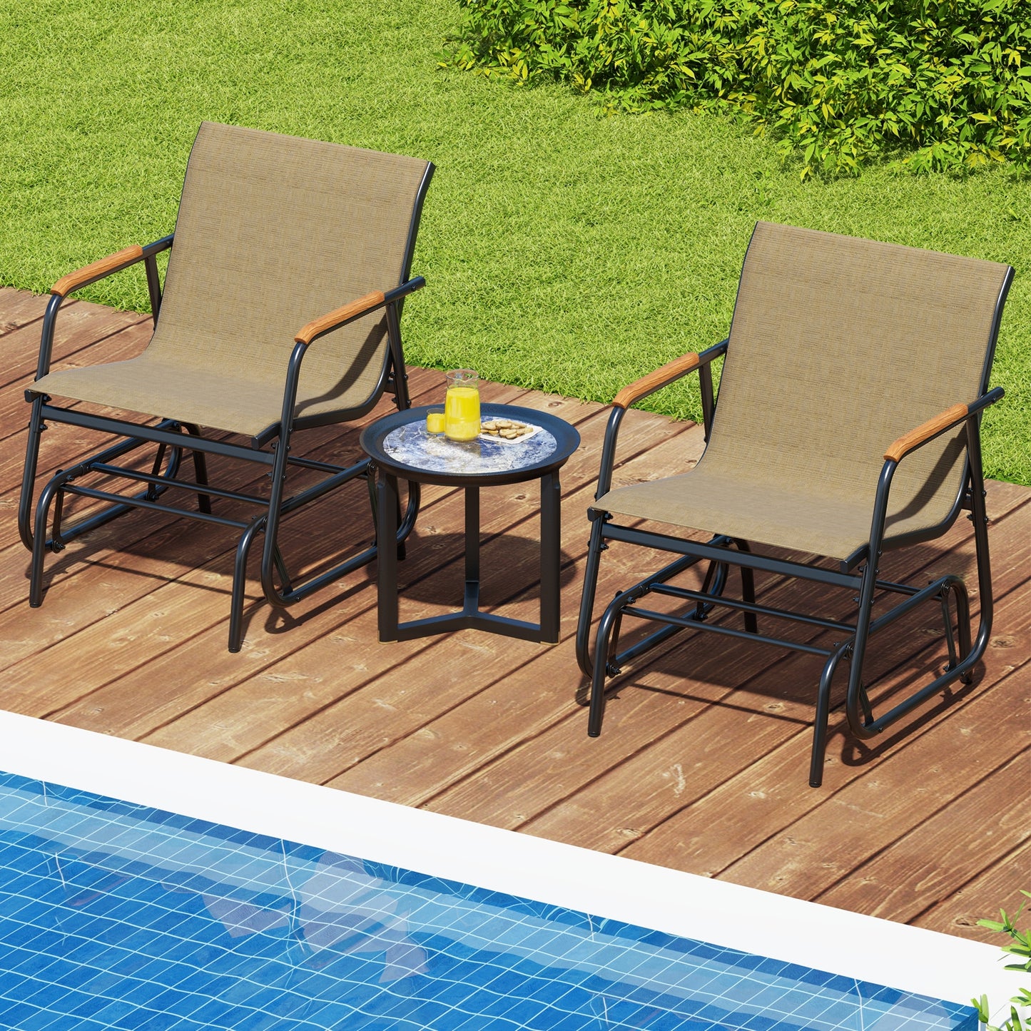 Patio Glider Chair Set, With Curved Teak Armrests, Brown Patio Rocking Chairs & Gliders at Gallery Canada