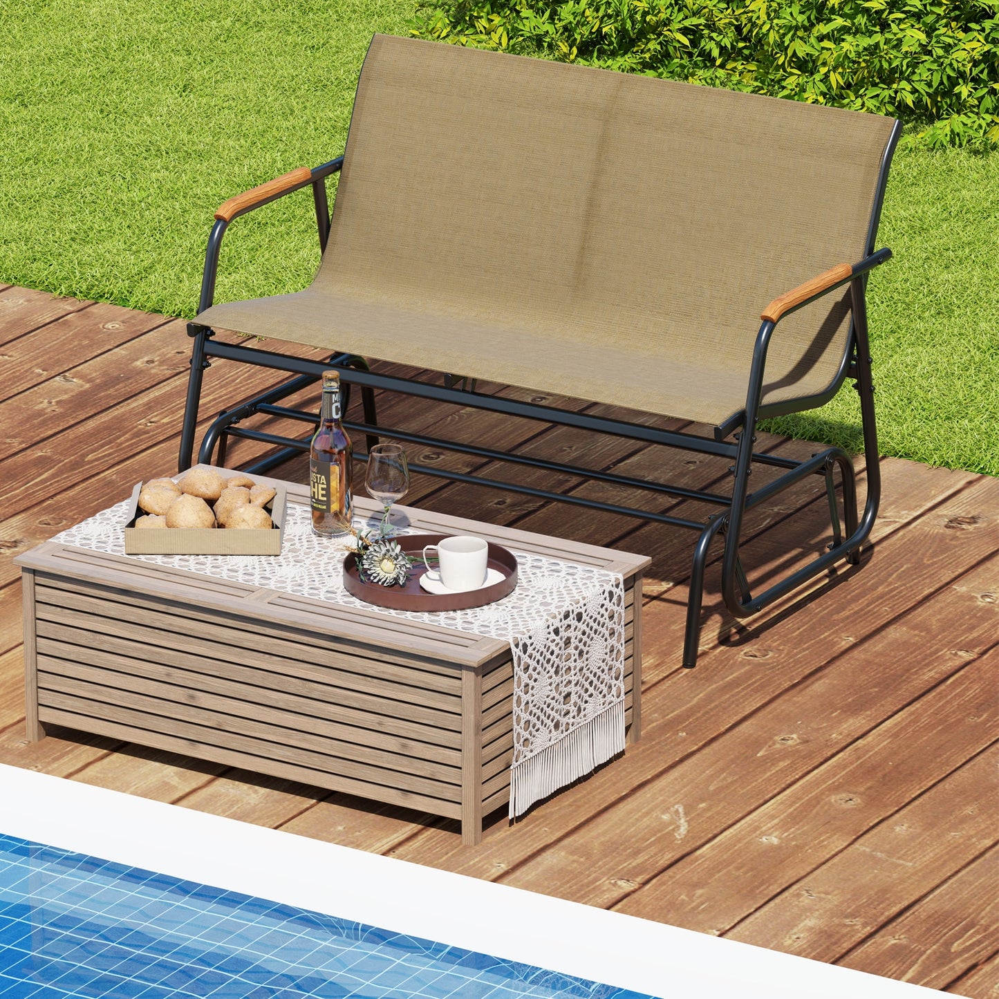 Patio Glider Bench, Teak Armrests, Breathable Fabric Seat, Brown Patio Rocking Chairs & Gliders at Gallery Canada