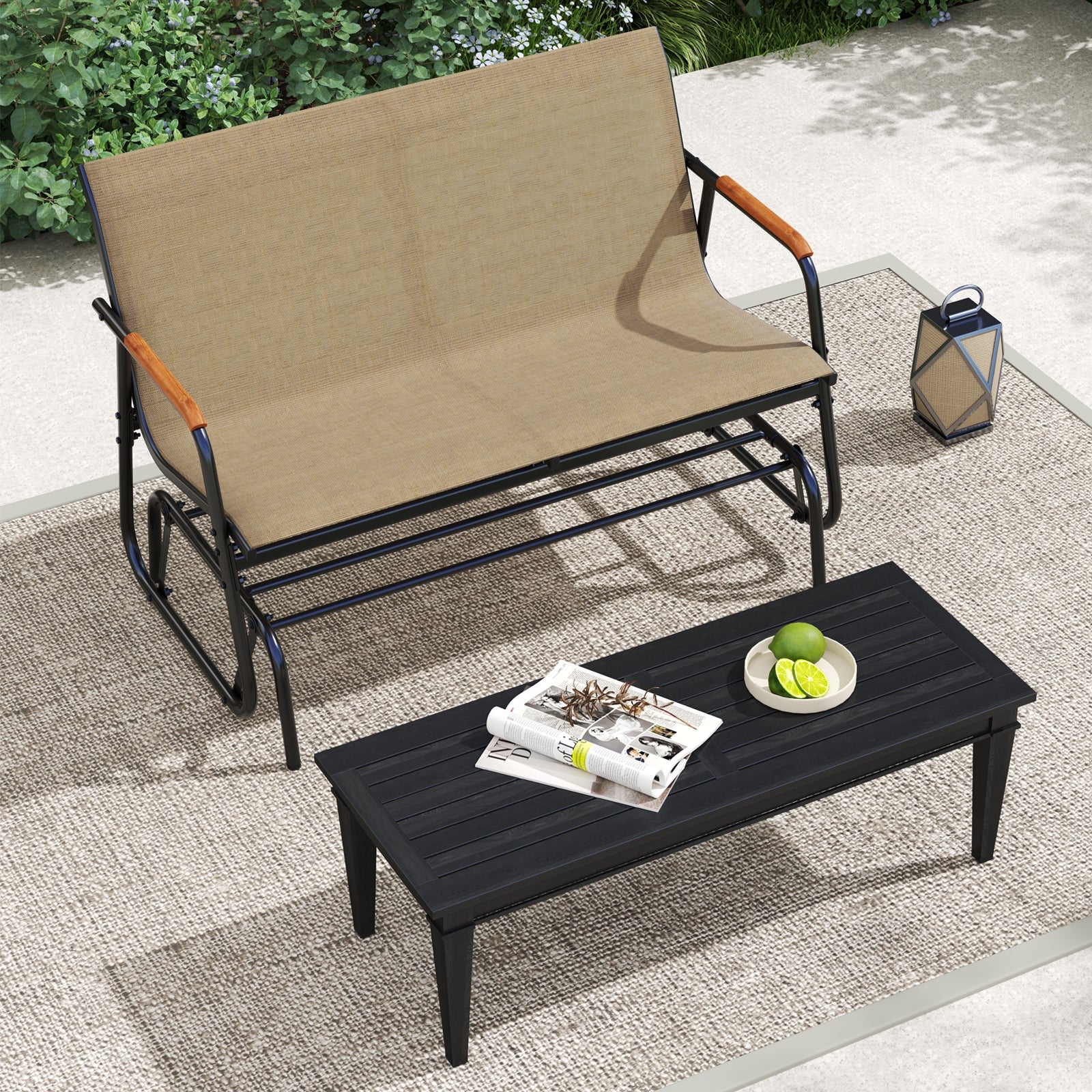 Patio Glider Bench, Teak Armrests, Breathable Fabric Seat, Brown Patio Rocking Chairs & Gliders at Gallery Canada