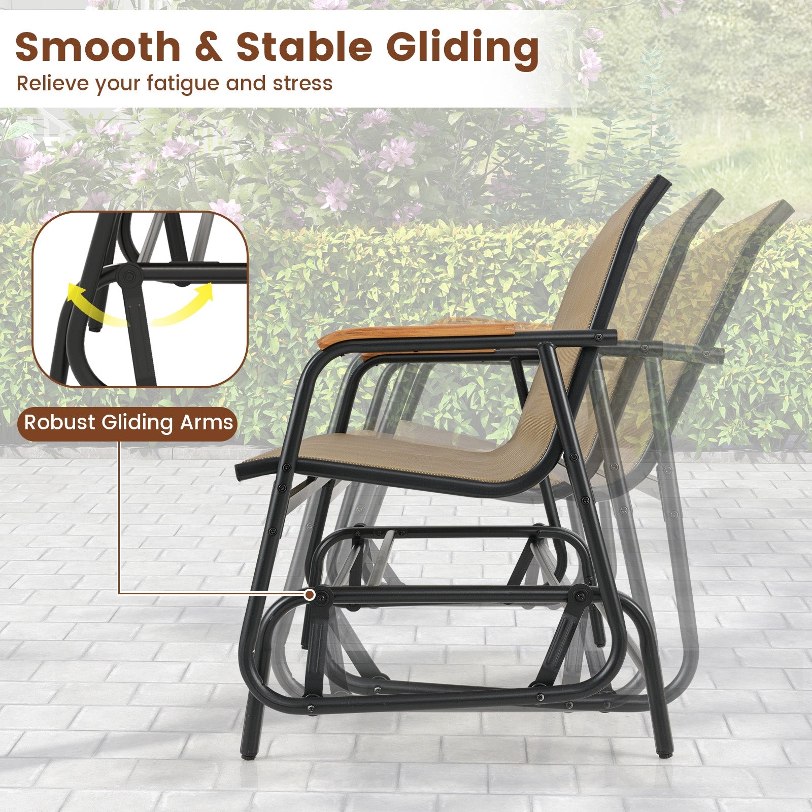 Patio Glider Bench, Teak Armrests, Breathable Fabric Seat, Brown Patio Rocking Chairs & Gliders at Gallery Canada