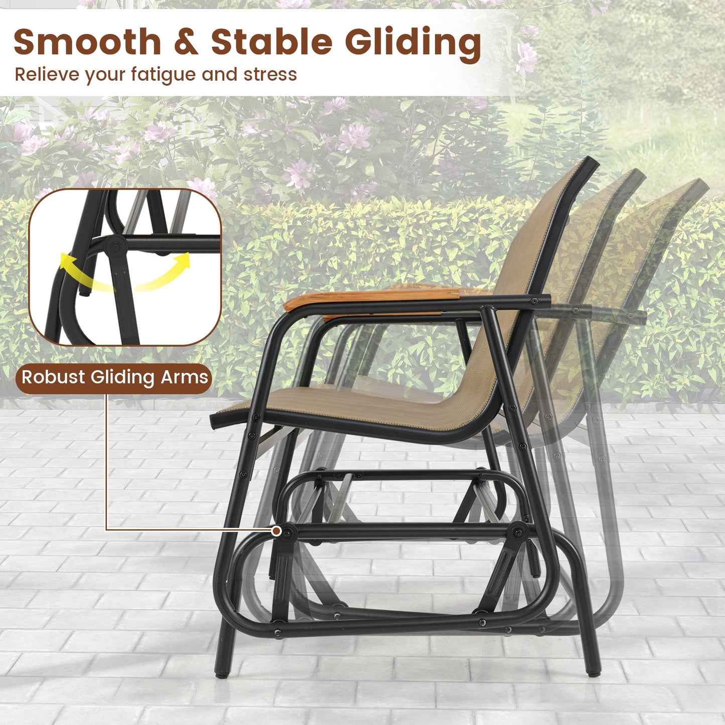 Patio Glider Bench, Teak Armrests, Breathable Fabric Seat, Brown Patio Rocking Chairs & Gliders at Gallery Canada