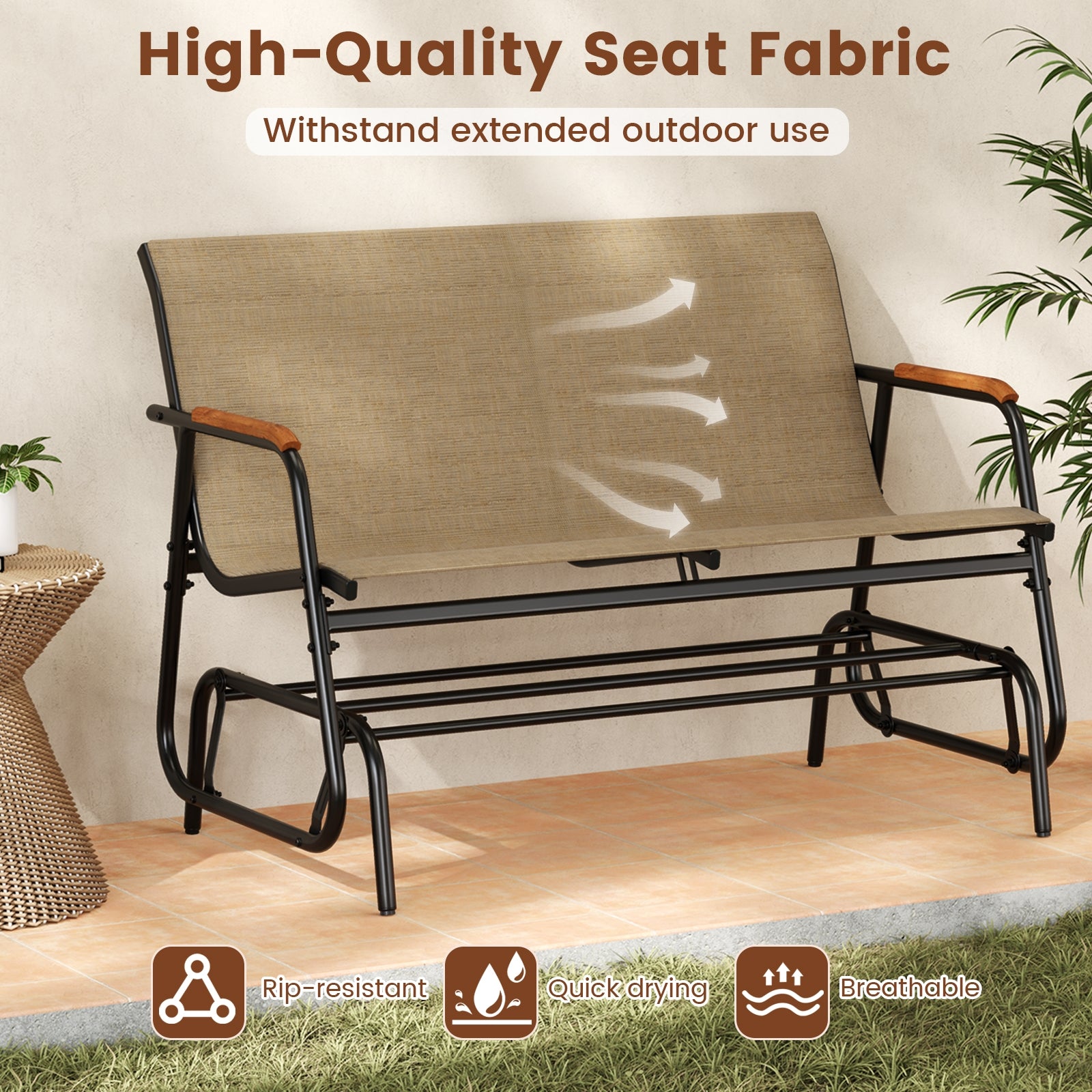 Patio Glider Bench, Teak Armrests, Breathable Fabric Seat, Brown Patio Rocking Chairs & Gliders at Gallery Canada
