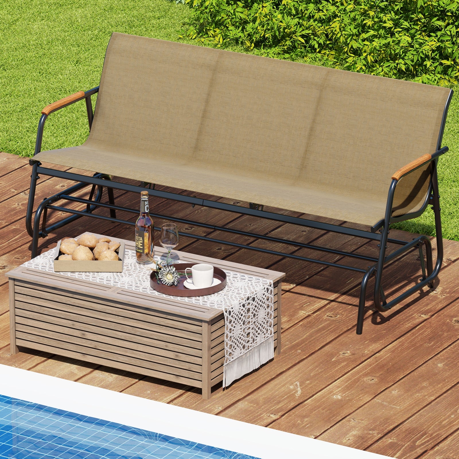 Patio Glider Bench, Teak Armrests, Breathable Fabric, 3 Person, Brown Patio Rocking Chairs & Gliders at Gallery Canada