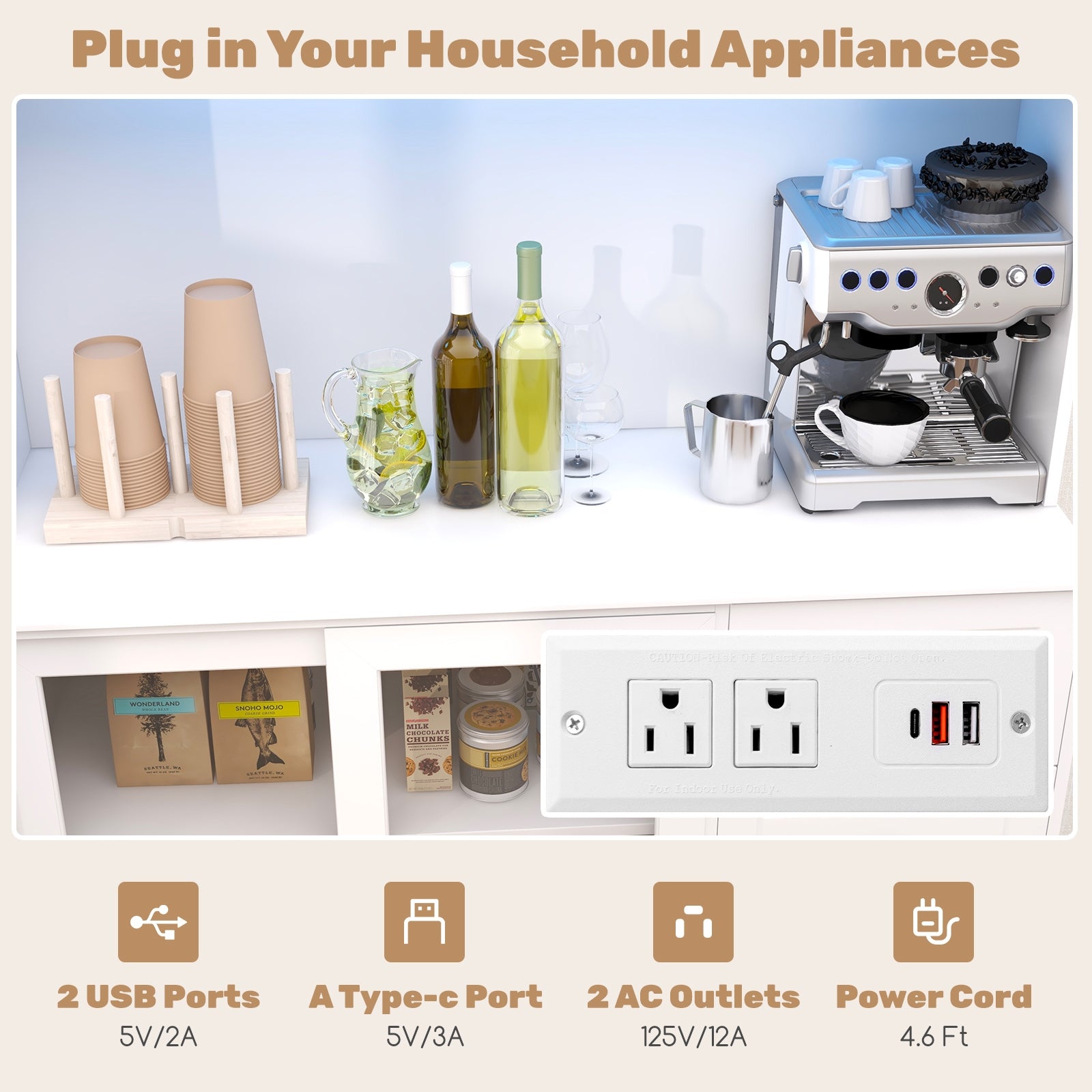 Kitchen Pantry Storage Cabinet With LED Lights, Power Outlet, White Sideboards Cabinets & Buffets at Gallery Canada