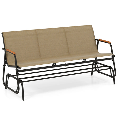 Patio Glider Bench, Teak Armrests, Breathable Fabric, 3 Person, Brown
