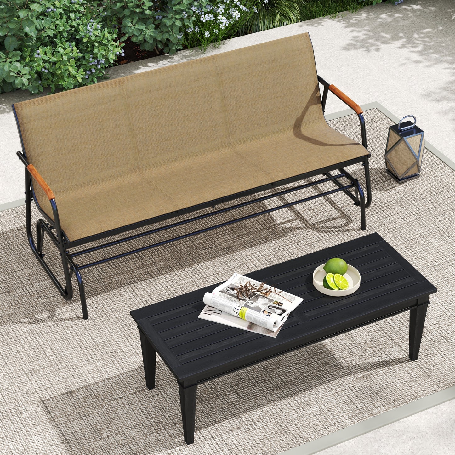 Patio Glider Bench, Teak Armrests, Breathable Fabric, 3 Person, Brown Patio Rocking Chairs & Gliders at Gallery Canada