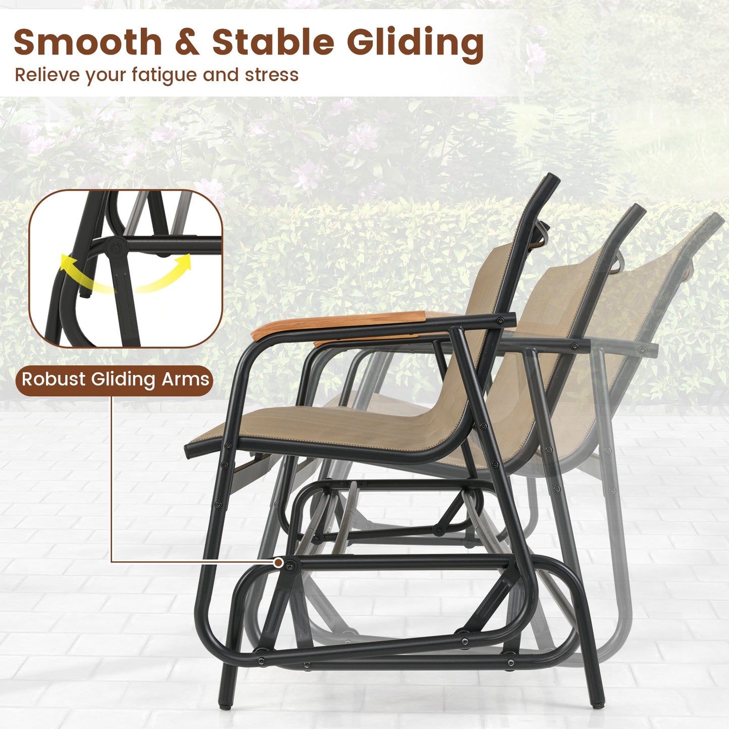 Patio Glider Bench, Teak Armrests, Breathable Fabric, 3 Person, Brown Patio Rocking Chairs & Gliders at Gallery Canada