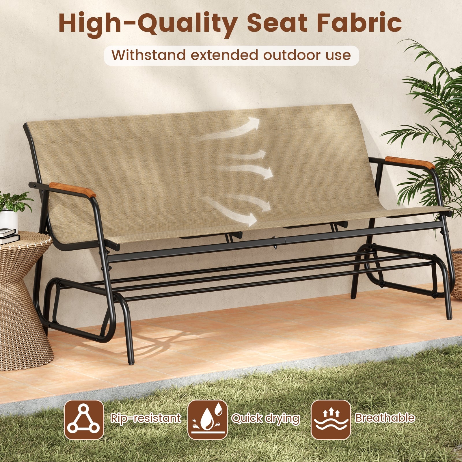 Patio Glider Bench, Teak Armrests, Breathable Fabric, 3 Person, Brown Patio Rocking Chairs & Gliders at Gallery Canada