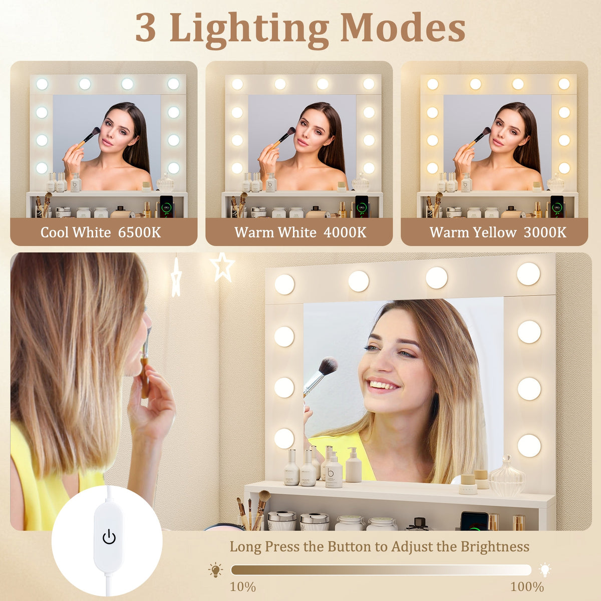 Vanity Desk With Adjustable Brightness, 3 Light Modes, White Makeup Vanities at Gallery Canada