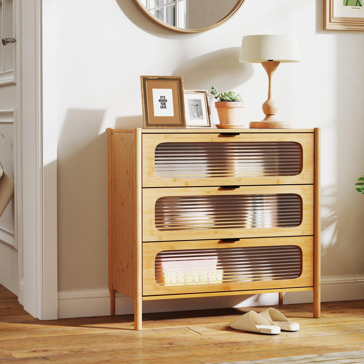 Mid Century Modern Chest, 3 Drawer, Reeded Tempered Glass Front, Natural Cabinets & Chests at Gallery Canada