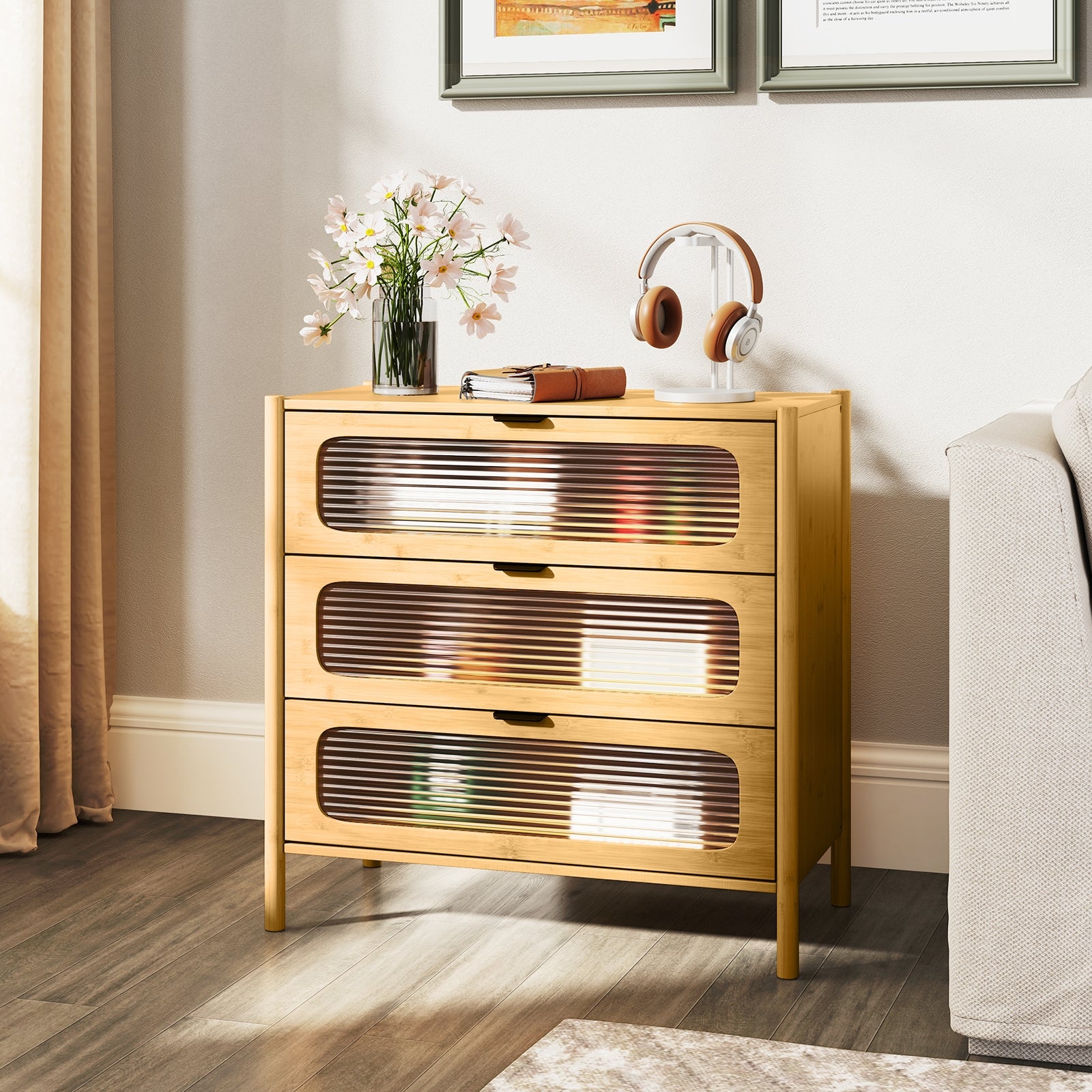 Mid Century Modern Chest, 3 Drawer, Reeded Tempered Glass Front, Natural Cabinets & Chests at Gallery Canada