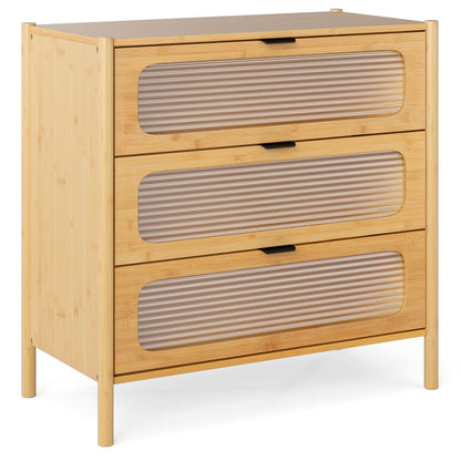 Mid Century Modern Chest, 3 Drawer, Reeded Tempered Glass Front, Natural Cabinets & Chests at Gallery Canada