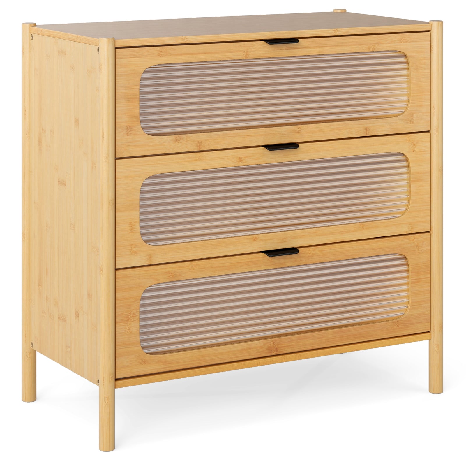 Mid Century Modern Chest, 3 Drawer, Reeded Tempered Glass Front, Natural Cabinets & Chests Natural at Gallery Canada
