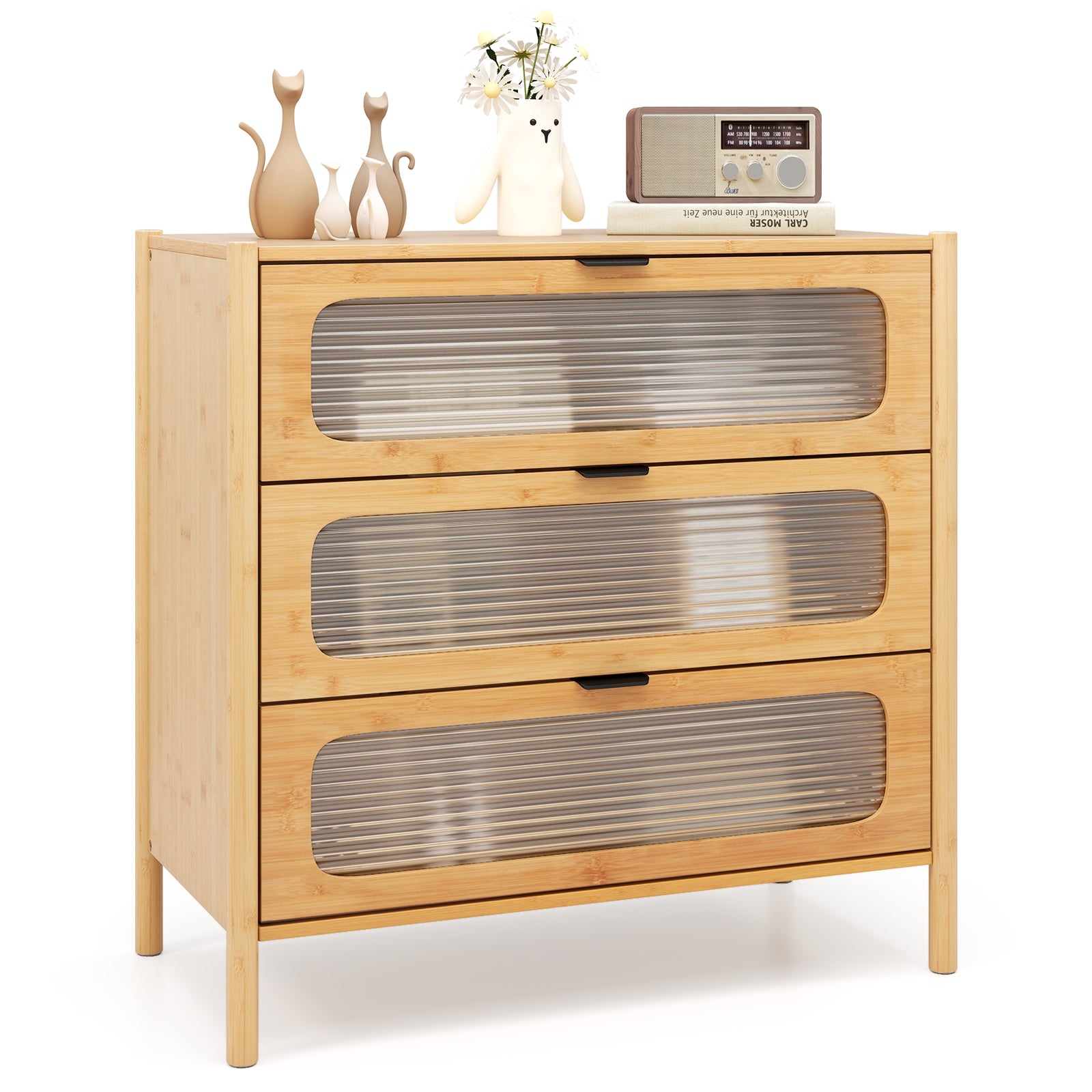 Mid Century Modern Chest, 3 Drawer, Reeded Tempered Glass Front, Natural Cabinets & Chests at Gallery Canada