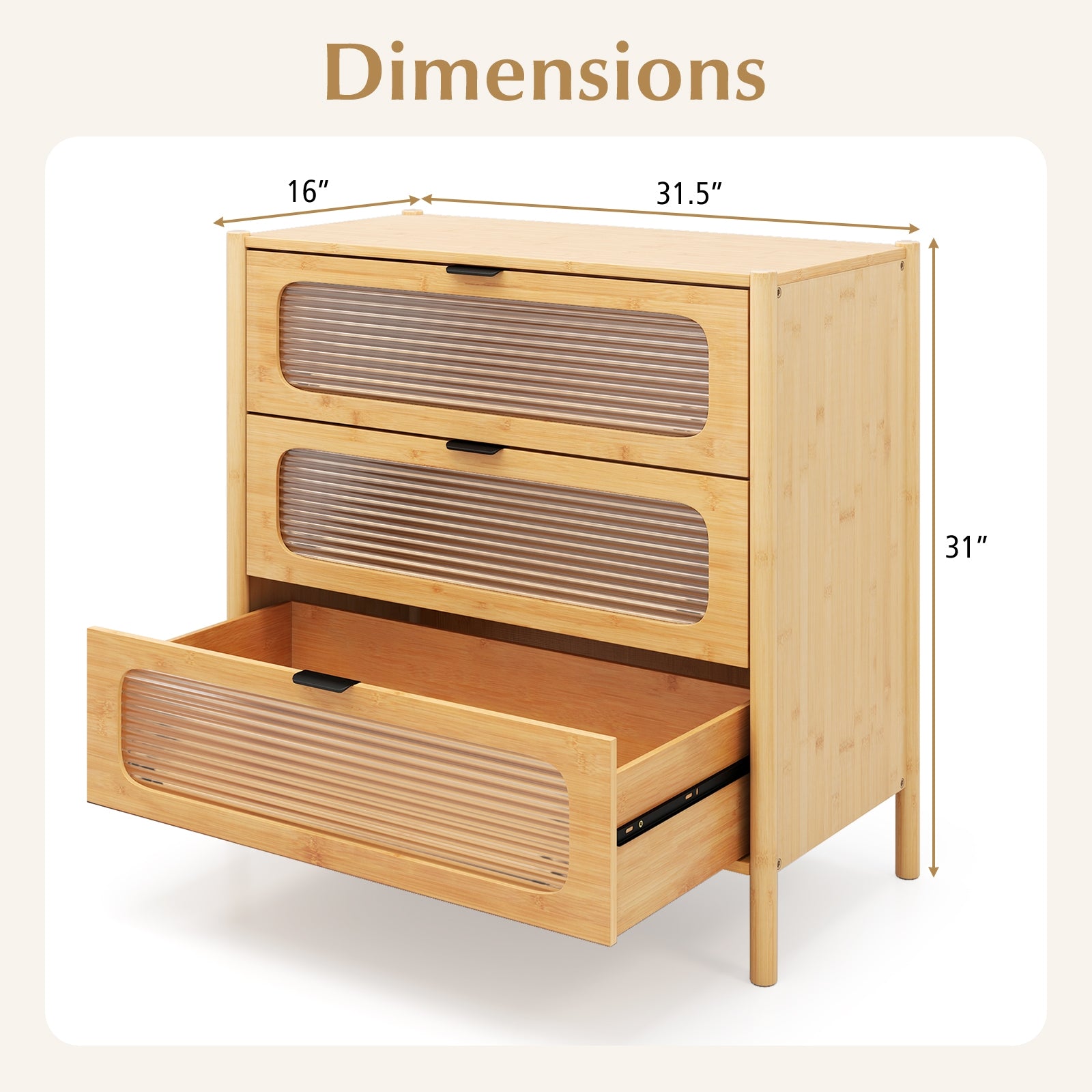 Mid Century Modern Chest, 3 Drawer, Reeded Tempered Glass Front, Natural Cabinets & Chests at Gallery Canada