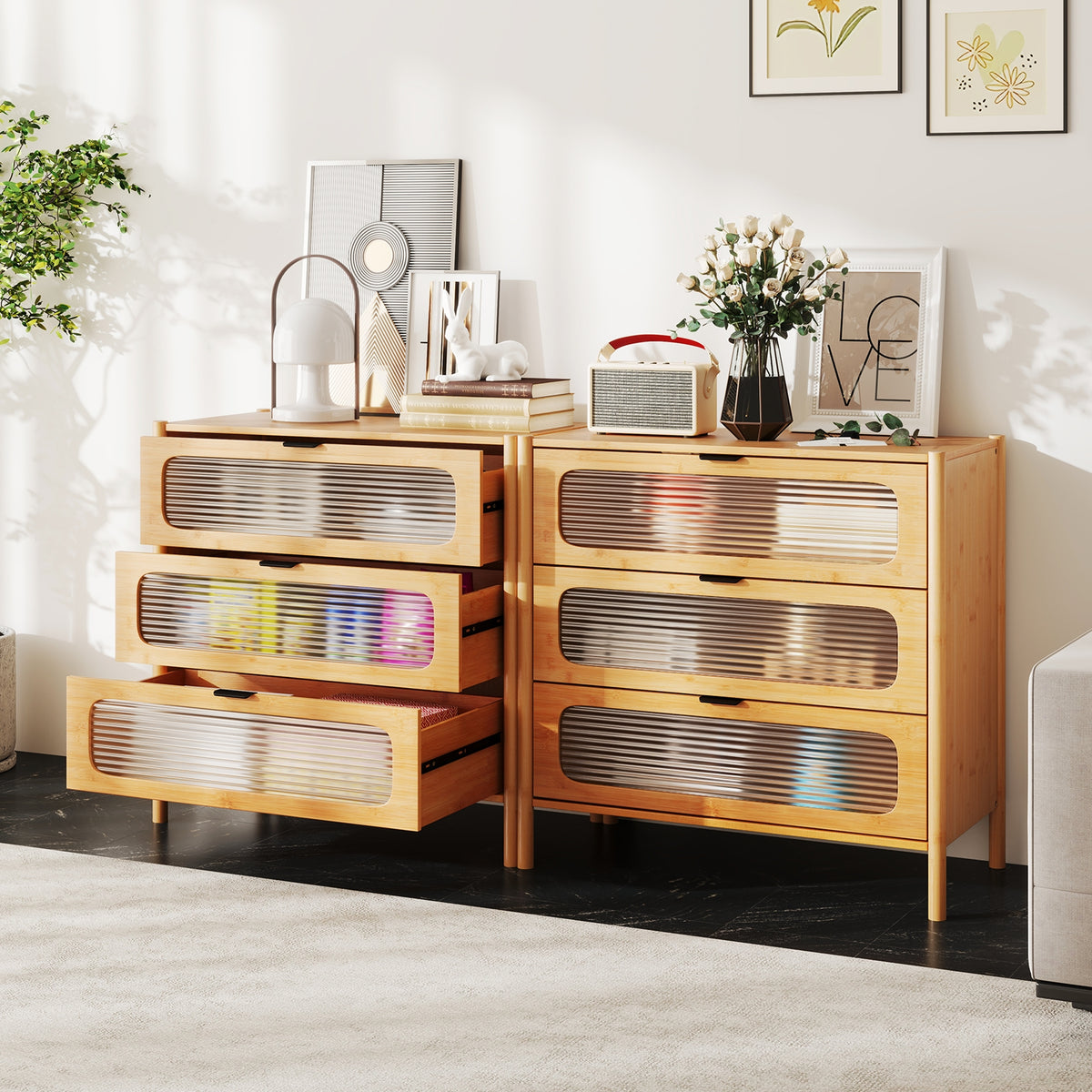 Mid Century Modern Chest, 3 Drawer, Reeded Tempered Glass Front, Natural Cabinets & Chests at Gallery Canada