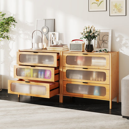 Mid Century Modern Chest, 3 Drawer, Reeded Tempered Glass Front, Natural Cabinets & Chests at Gallery Canada