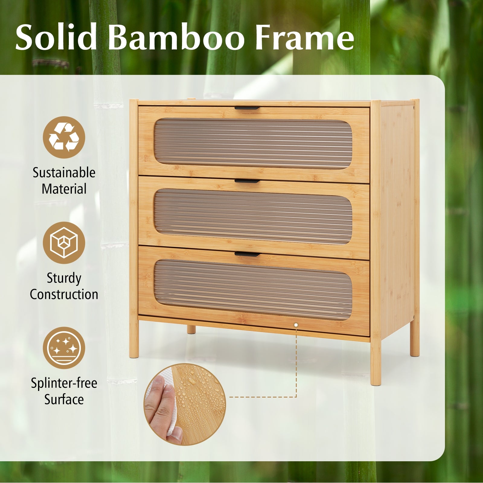 Mid Century Modern Chest, 3 Drawer, Reeded Tempered Glass Front, Natural Cabinets & Chests at Gallery Canada