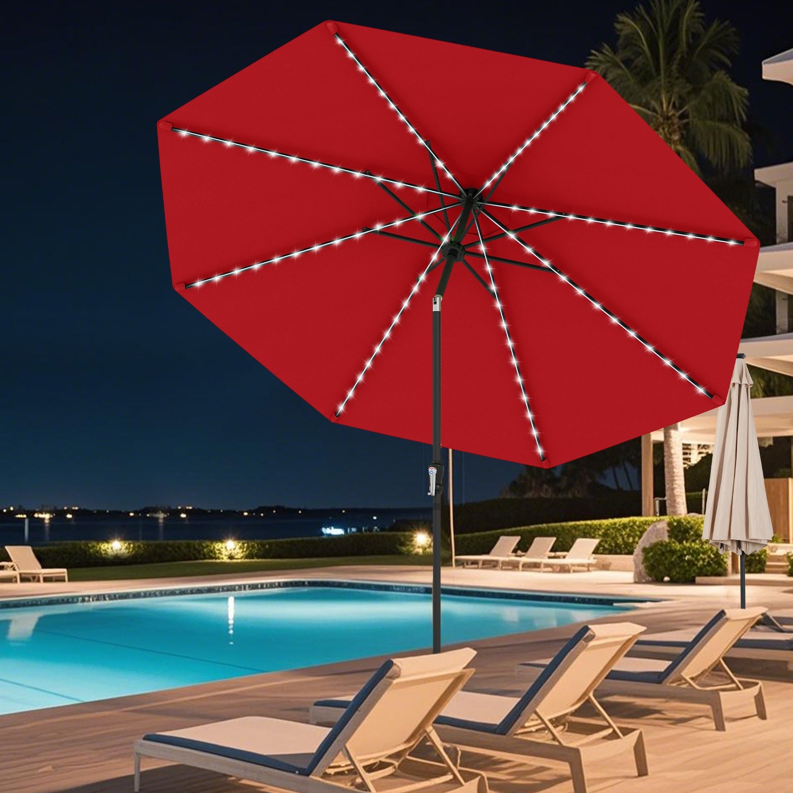 10 Feet Solar Patio Umbrella, 96 Multi-Colored LED Lights, Tilt Adjustment, Red Outdoor Umbrellas at Gallery Canada