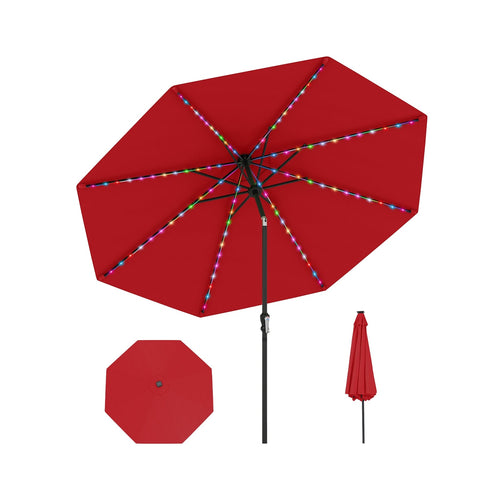 10 Feet Solar Patio Umbrella, 96 Multi-Colored LED Lights, Tilt Adjustment, Red