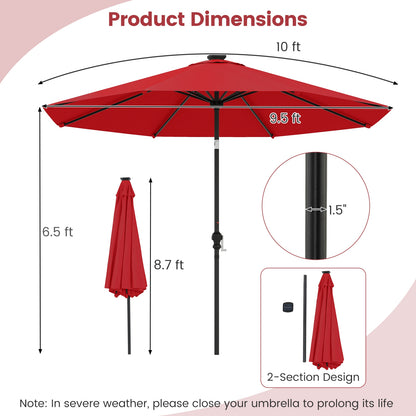 10 Feet Solar Patio Umbrella, 96 Multi-Colored LED Lights, Tilt Adjustment, Red Outdoor Umbrellas at Gallery Canada