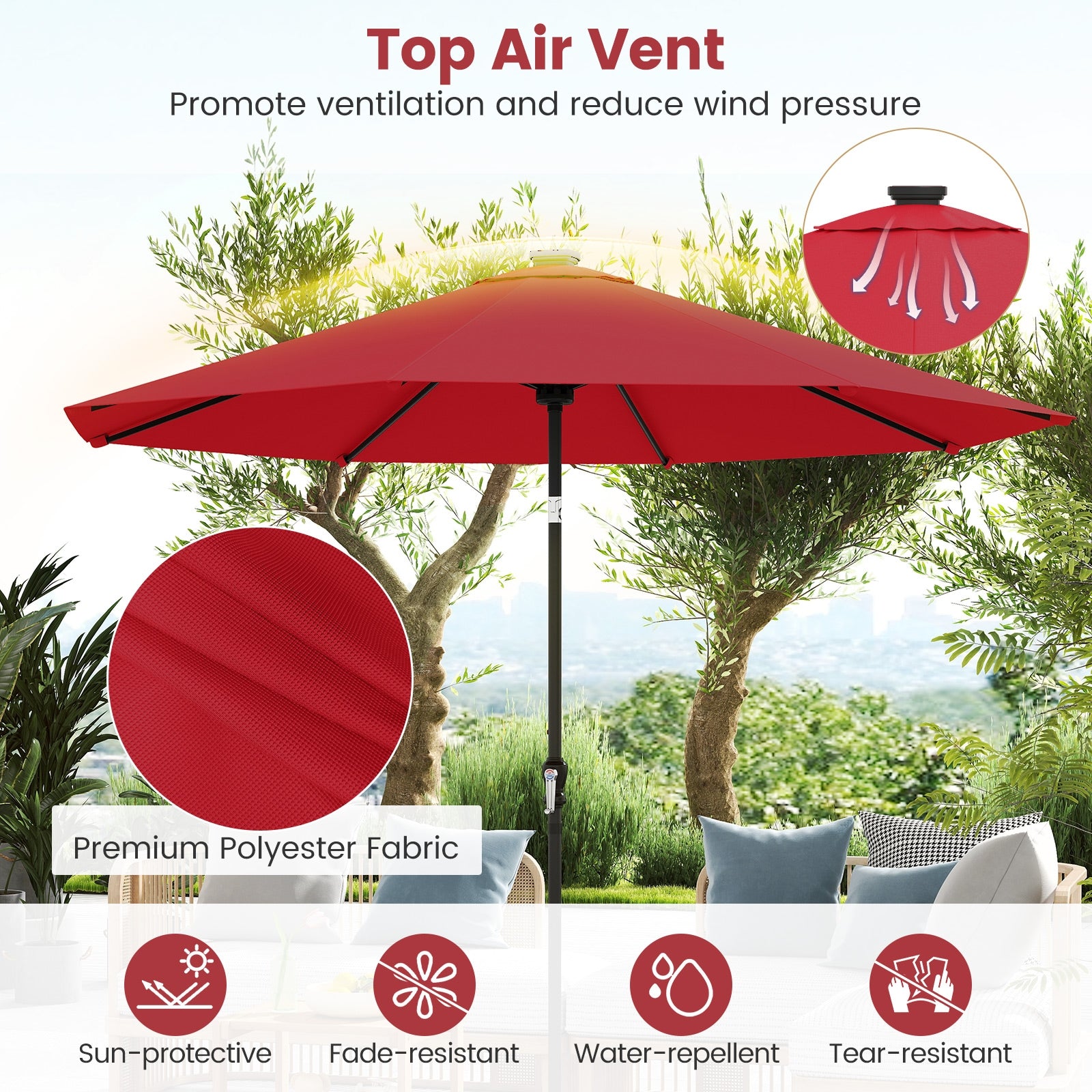 10 Feet Solar Patio Umbrella, 96 Multi-Colored LED Lights, Tilt Adjustment, Red Outdoor Umbrellas at Gallery Canada