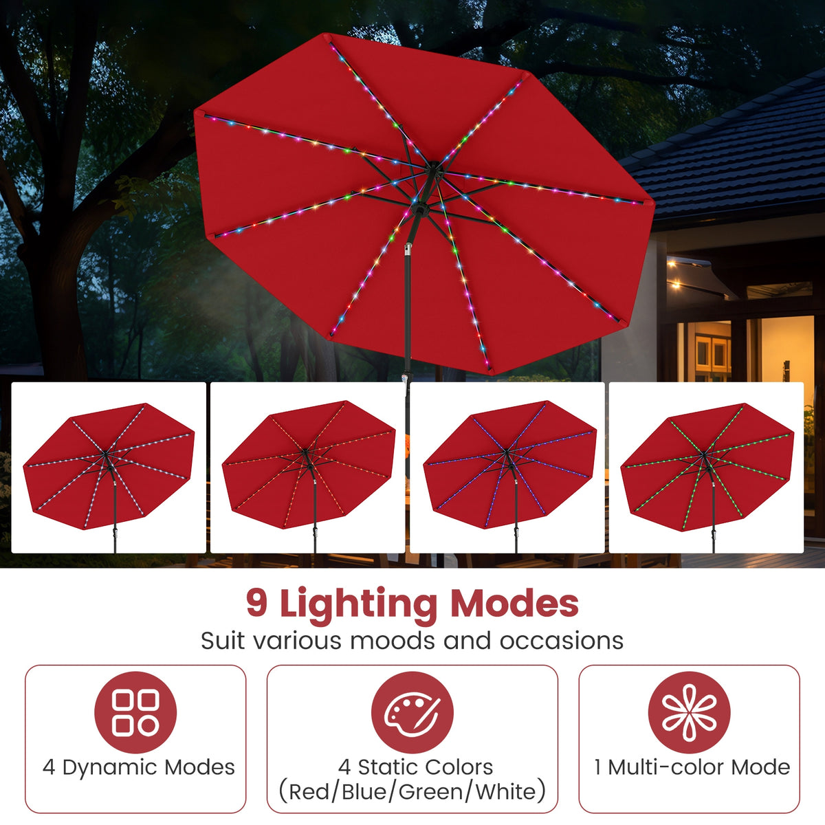 10 Feet Solar Patio Umbrella, 96 Multi-Colored LED Lights, Tilt Adjustment, Red Outdoor Umbrellas at Gallery Canada