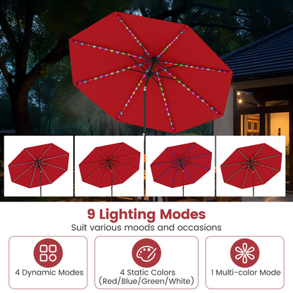 10 Feet Solar Patio Umbrella, 96 Multi-Colored LED Lights, Tilt Adjustment, Red Outdoor Umbrellas at Gallery Canada