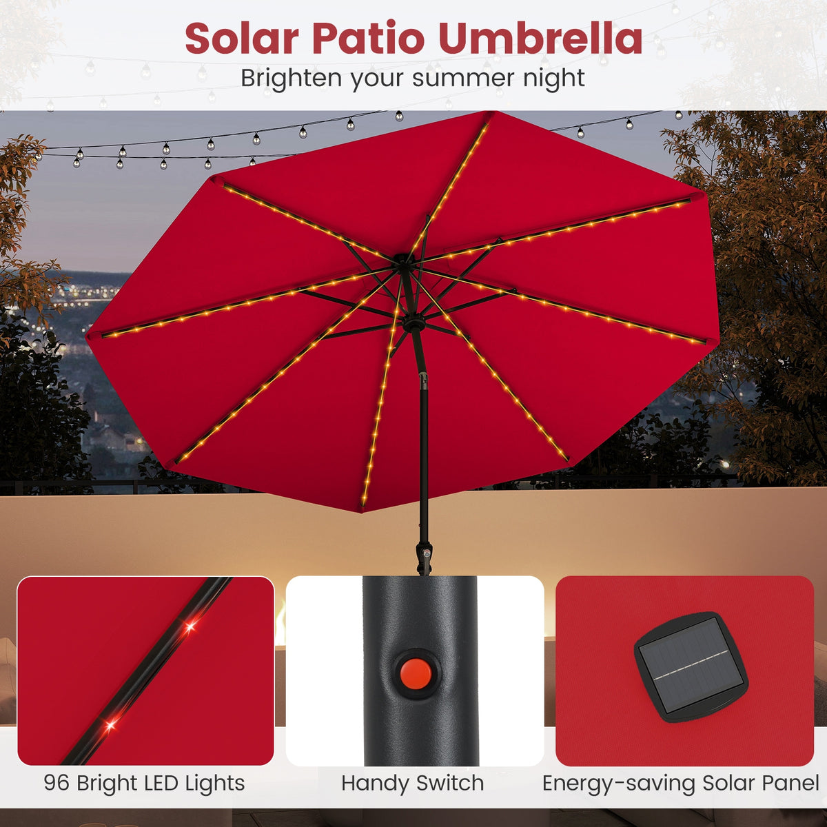 10 Feet Solar Patio Umbrella, 96 Multi-Colored LED Lights, Tilt Adjustment, Red Outdoor Umbrellas at Gallery Canada