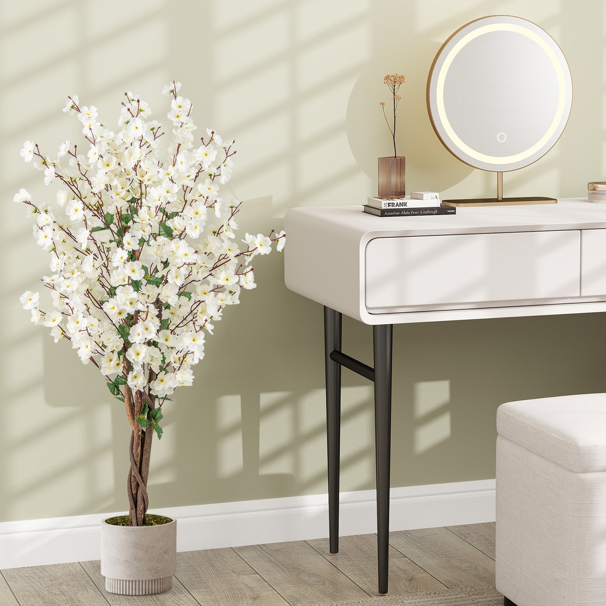 Faux Plum Blossom Plant, White Fabric Flower, Solid Wood Trunk, White Faux Plants at Gallery Canada