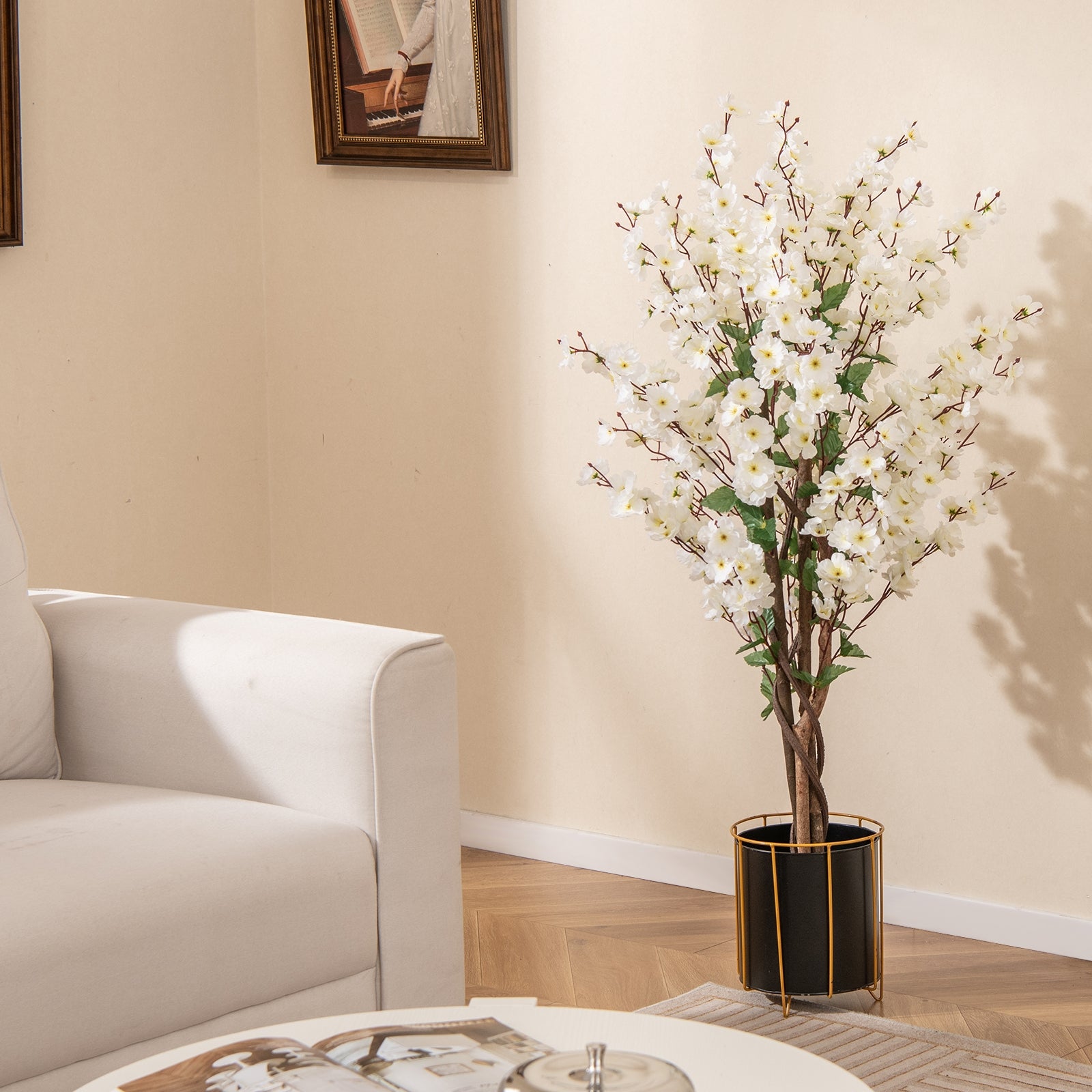 Faux Plum Blossom Plant, White Fabric Flower, Solid Wood Trunk, White Faux Plants at Gallery Canada
