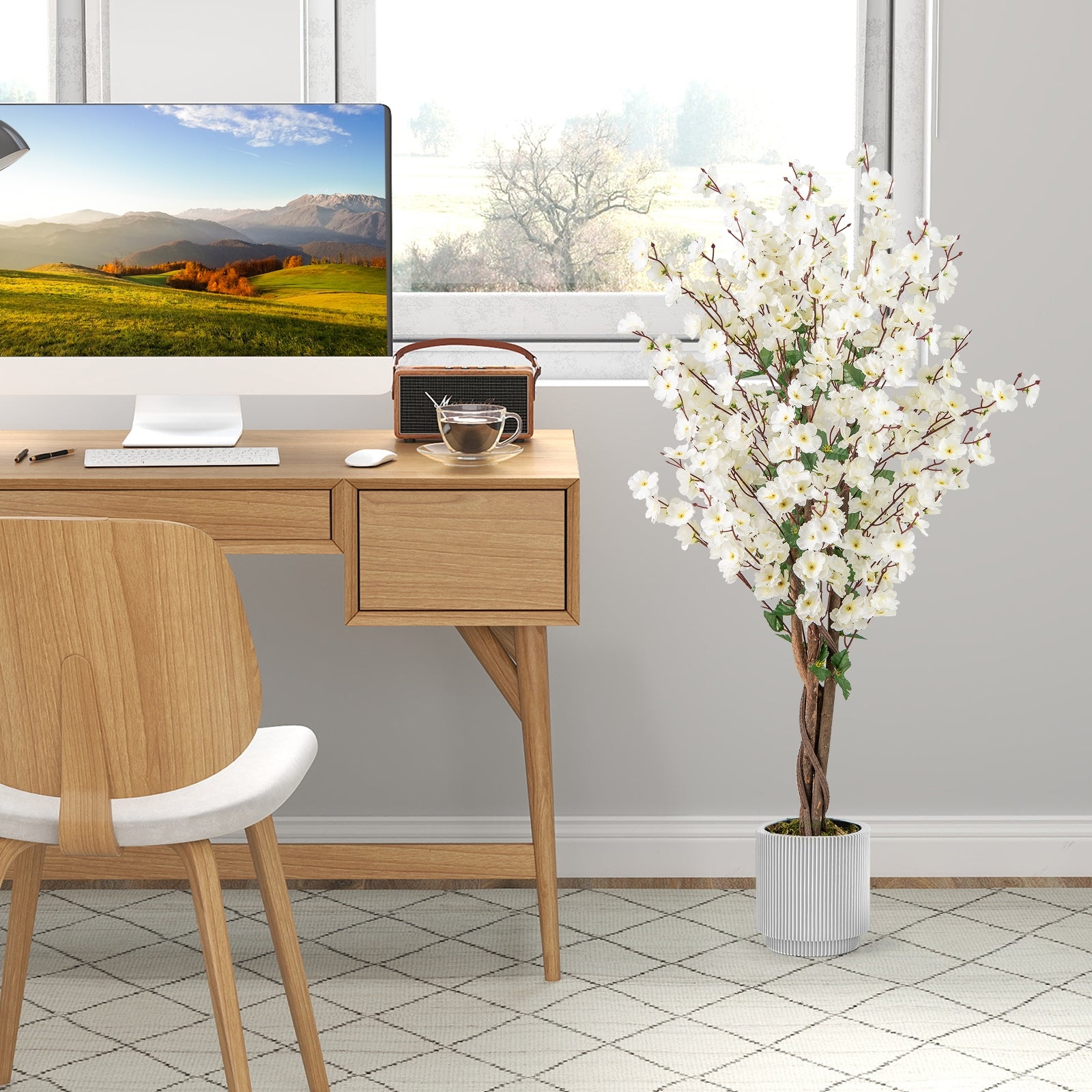 Faux Plum Blossom Plant, White Fabric Flower, Solid Wood Trunk, White Faux Plants at Gallery Canada