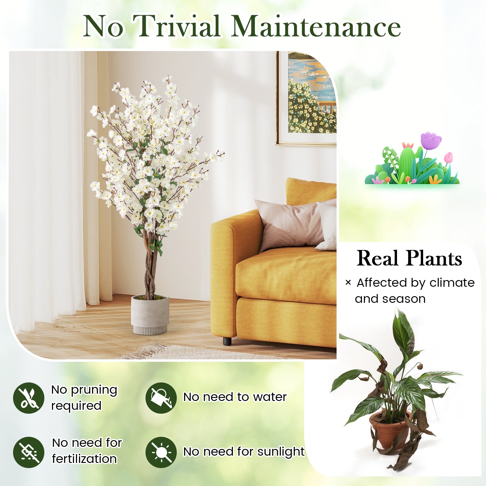 Faux Plum Blossom Plant, White Fabric Flower, Solid Wood Trunk, White Faux Plants at Gallery Canada