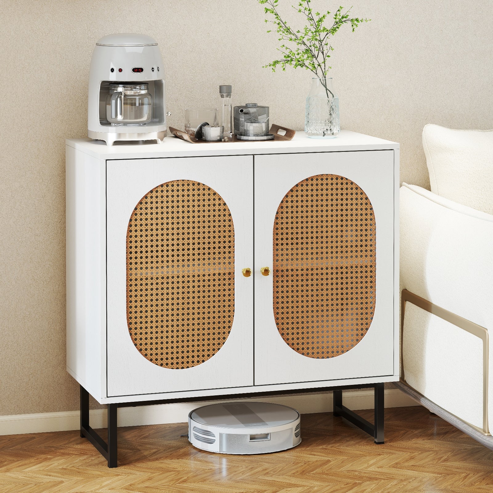 Rattan Storage Cabinet, 2 Doors, Adjustable Shelf, White Sideboards Cabinets & Buffets at Gallery Canada