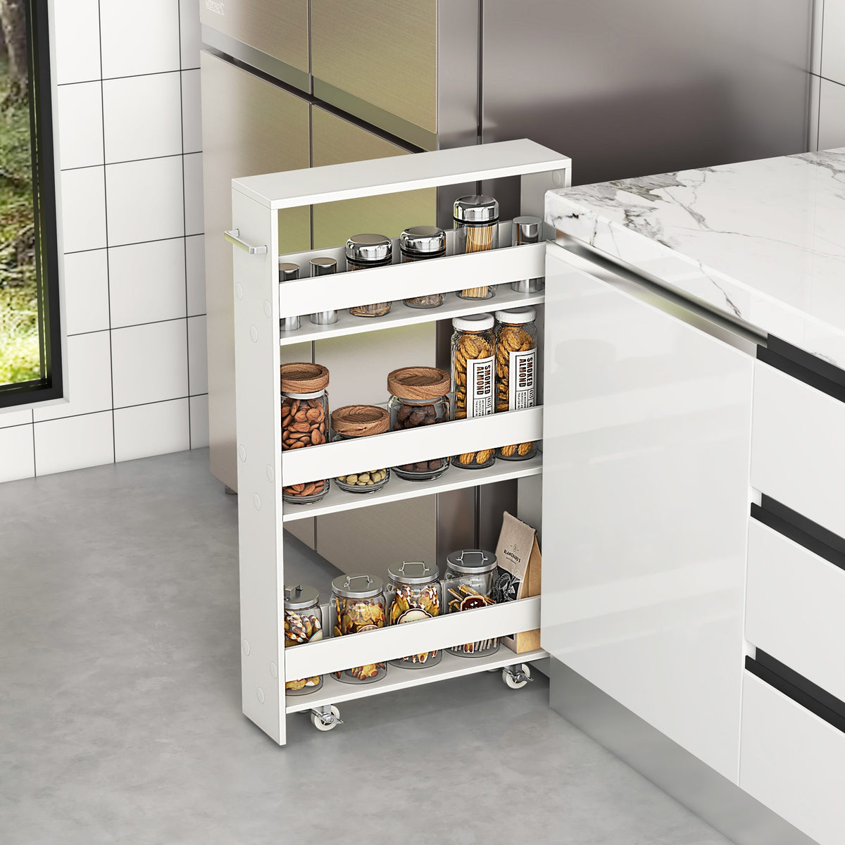 Narrow Mobile Serving Cart With Open Shelves, Off White Kitchen Islands & Carts at Gallery Canada
