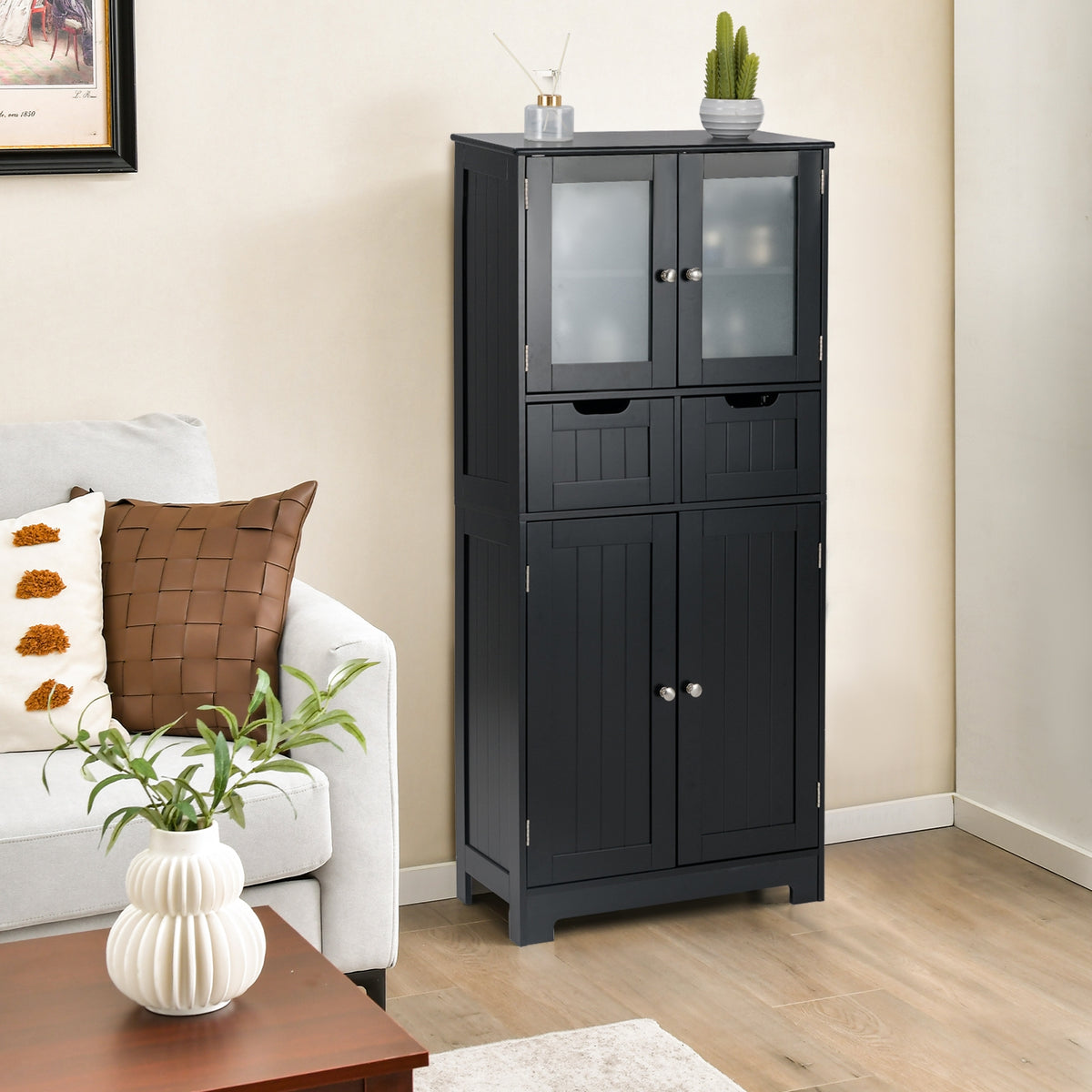4 Door Freestanding Bathroom Cabinet, 2 Drawers, Glass Doors, Black Floor Cabinets at Gallery Canada