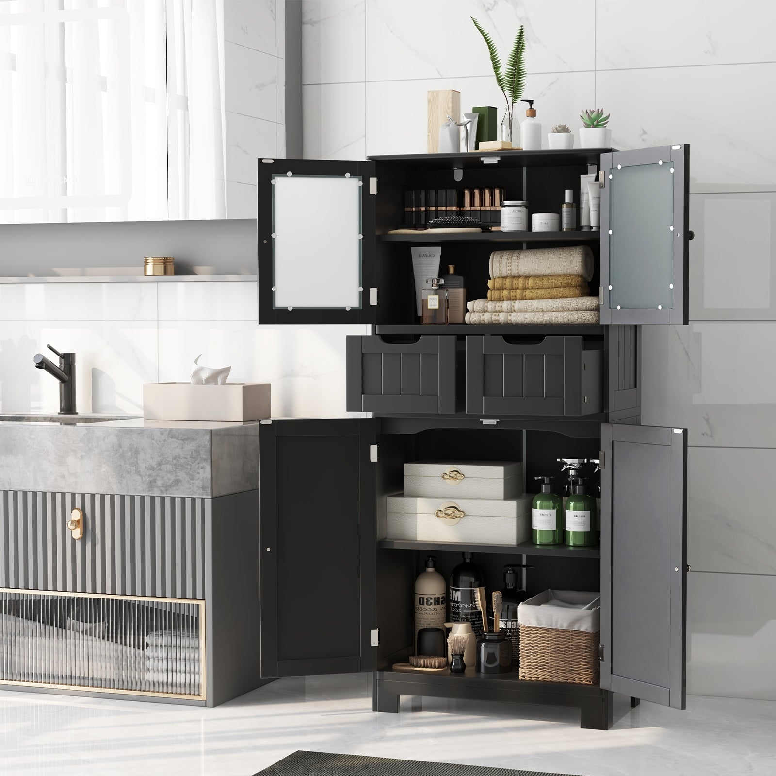4 Door Freestanding Bathroom Cabinet, 2 Drawers, Glass Doors, Black Floor Cabinets at Gallery Canada