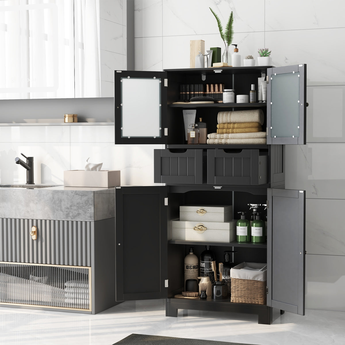 4 Door Freestanding Bathroom Cabinet, 2 Drawers, Glass Doors, Black Floor Cabinets at Gallery Canada