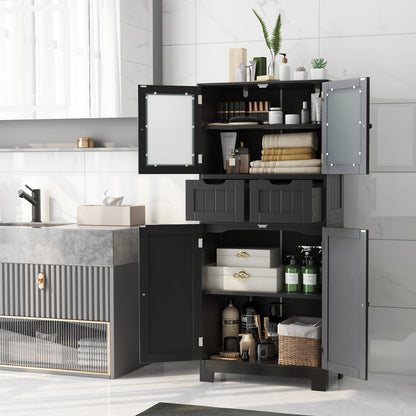 4 Door Freestanding Bathroom Cabinet, 2 Drawers, Glass Doors, Black Floor Cabinets at Gallery Canada