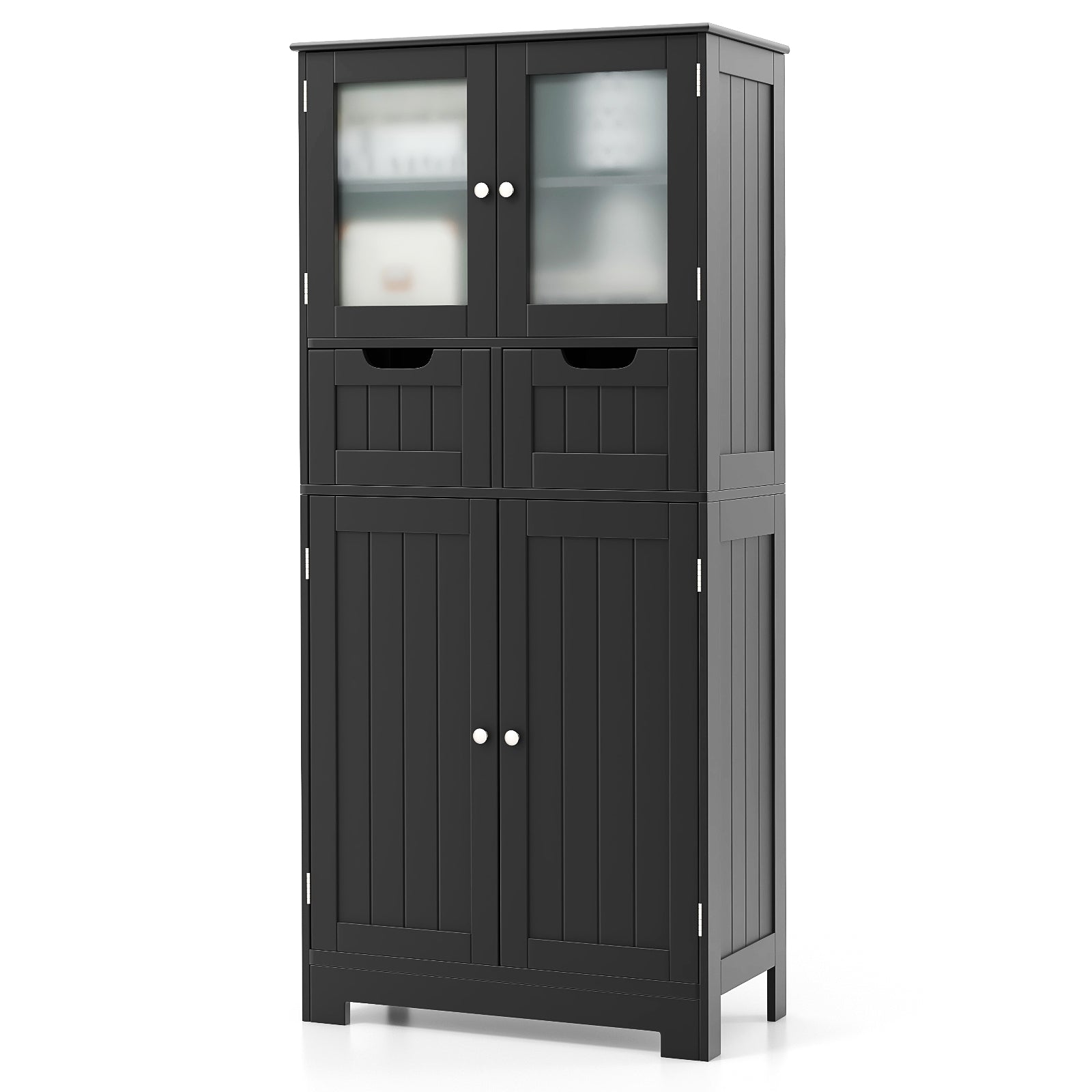 4 Door Freestanding Bathroom Cabinet, 2 Drawers, Glass Doors, Black Floor Cabinets at Gallery Canada
