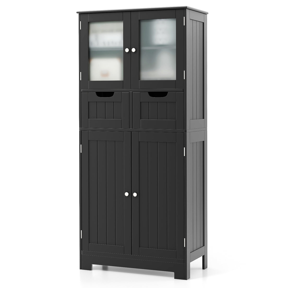 4 Door Freestanding Bathroom Cabinet, 2 Drawers, Glass Doors, Black Floor Cabinets at Gallery Canada