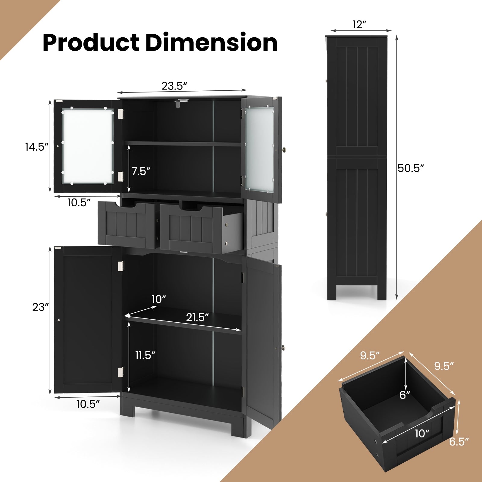 4 Door Freestanding Bathroom Cabinet, 2 Drawers, Glass Doors, Black Floor Cabinets at Gallery Canada
