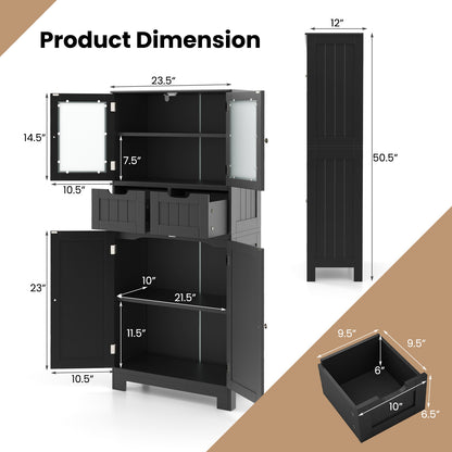 4 Door Freestanding Bathroom Cabinet, 2 Drawers, Glass Doors, Black Floor Cabinets at Gallery Canada