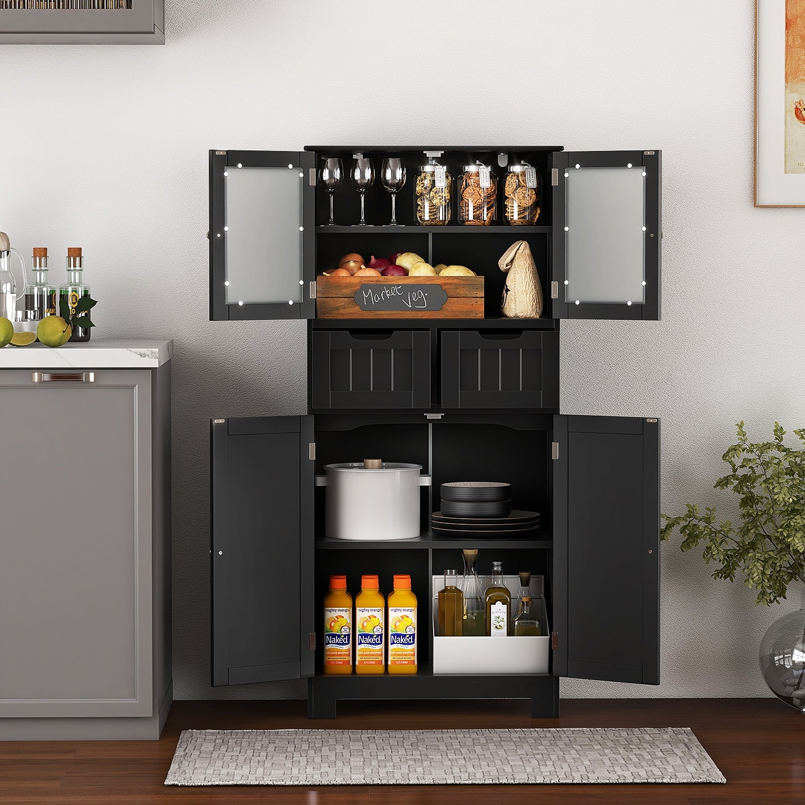 4 Door Freestanding Bathroom Cabinet, 2 Drawers, Glass Doors, Black Floor Cabinets at Gallery Canada